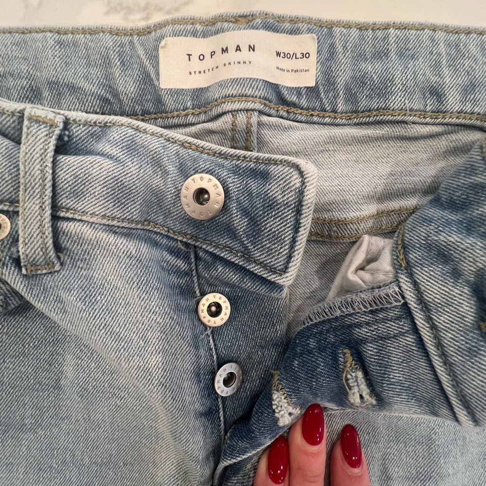 TOPMAN Stretch Skinny Distressed Jeans Light Blue 30x30 - Picture 6 of 9